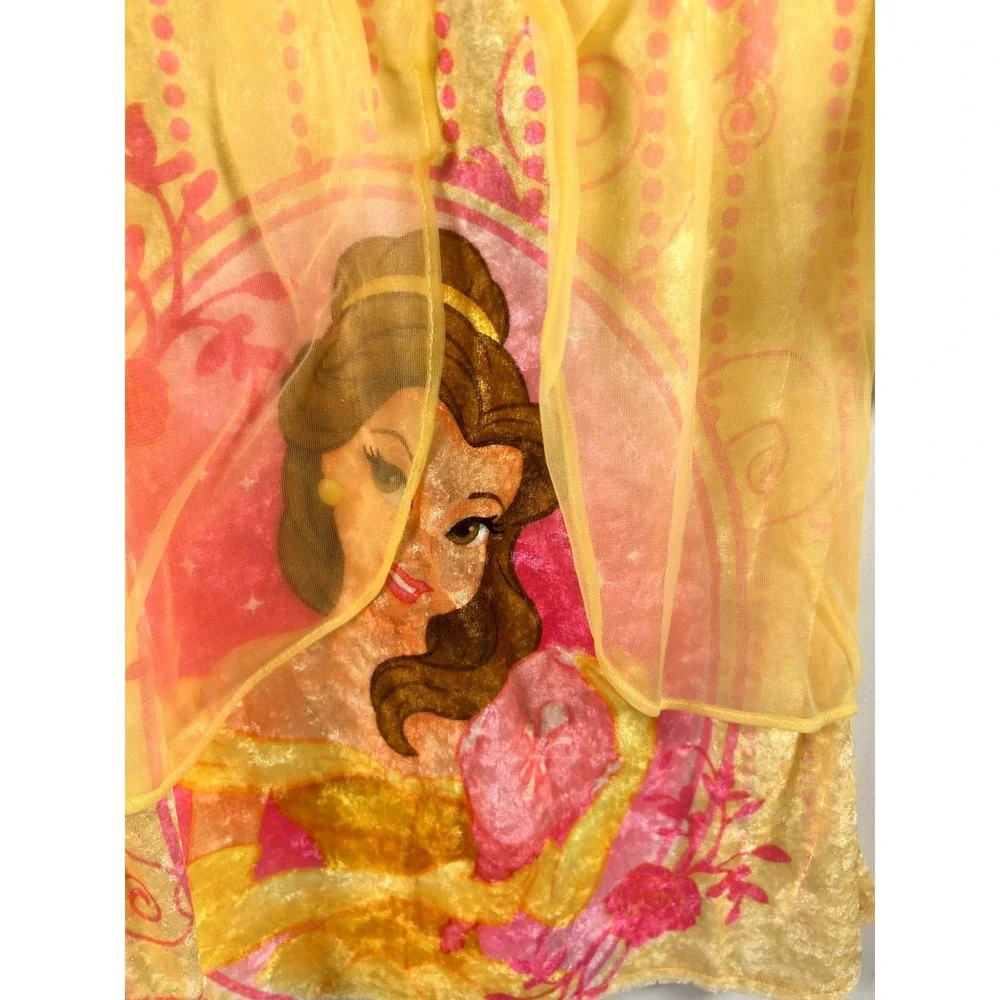 Disney Princess Belle Nightgown Size 4 Yellow Crushed Velvet Belle Graphic Kids - Picture 3 of 6